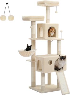 Show full view: PAWZ Road Multi-Level 64-in Cat Tree Tower with 2 Soft Top Perches, 2 Caves & 5 Sisal Scratching Posts, Beige slide 3 of 10