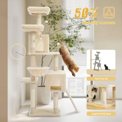 Show full view: PAWZ Road Multi-Level 64-in Cat Tree Tower with 2 Soft Top Perches, 2 Caves & 5 Sisal Scratching Posts, Beige slide 2 of 10