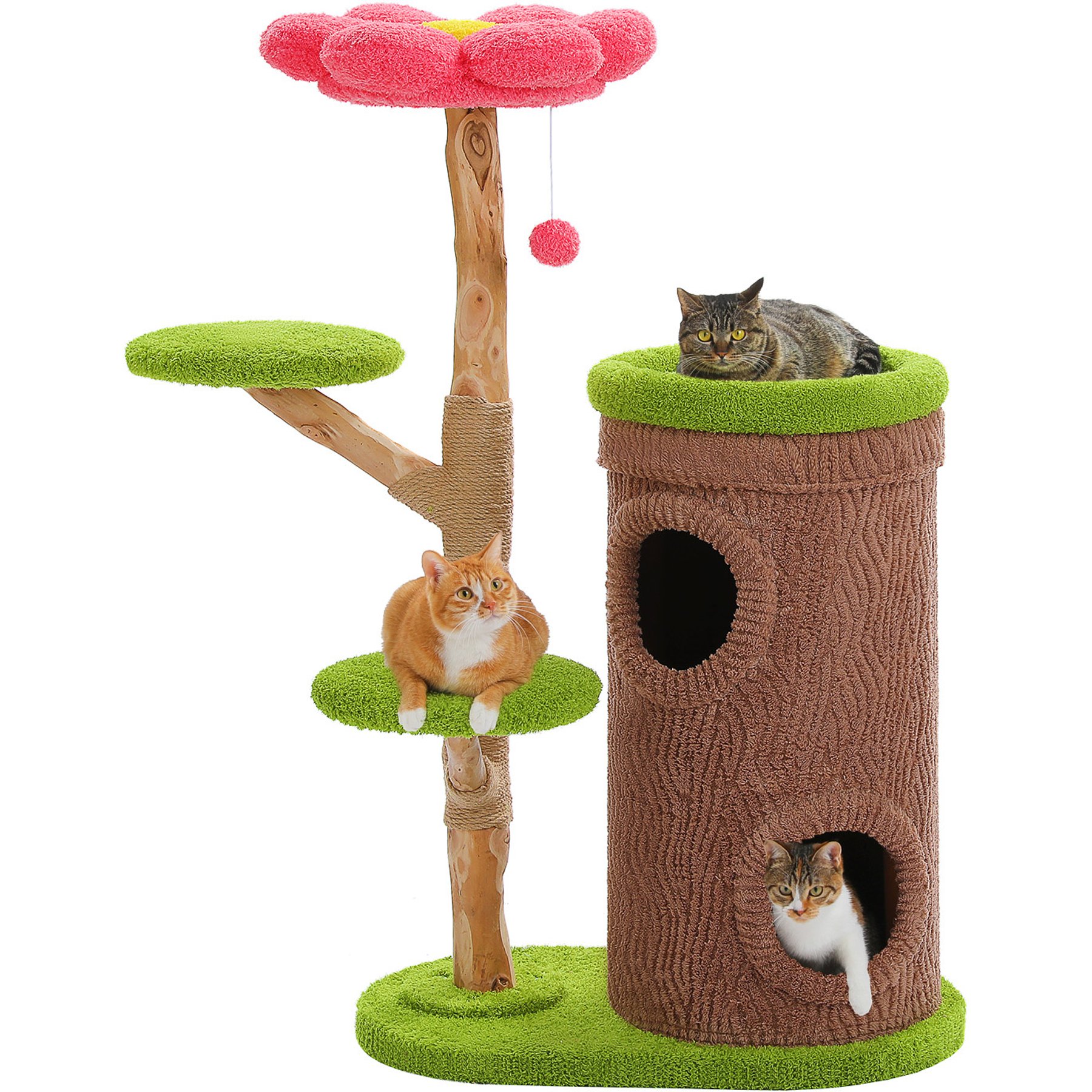 PAWZ Road Modern 53.5-in Wood Cat Tree with Flower Perch with Natural Solid Wood Scratching Post, Brown