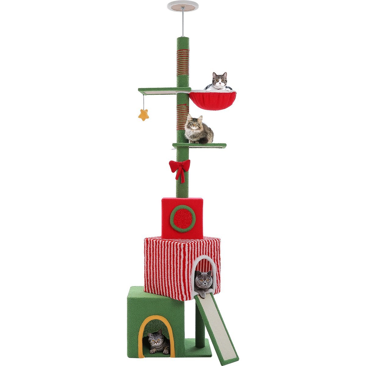 PAWZ Road Floor to Ceiling Cat Tree Tower Adjustable Height 83 to 108-in with 3 Large Condos, Cozy Hammock & Thick Scratching Posts, Red