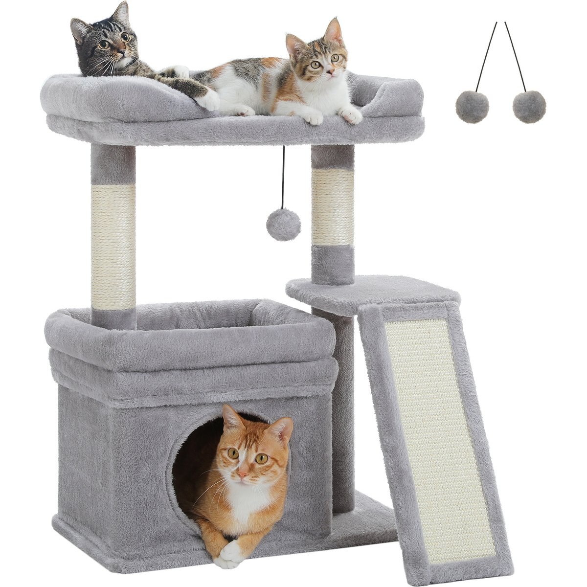 PAWZ Road Small Cat Tree Tower with Wide Top Perch, Private Cat Condo & Sisal Scratching Post, Grey