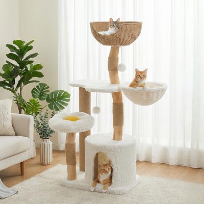 PAWZ ROAD 48.5-in Modern Natural Solid Wood Cat Tree Tower with Big Rattan Basket & Cozy Condo, White - Chewy.com