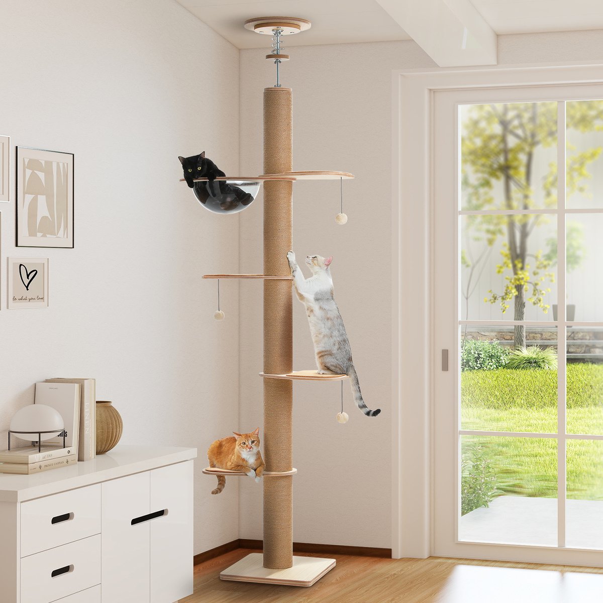 PAWZ Road 5-Tier Adjustable Height Floor to Ceiling Sturdy Wooden Tall Cat Climbing Tower with 4.1-in Thick Scratching Posts, Beige