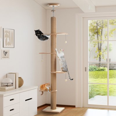 PAWZ Road PAWZ Road 5-Tier Adjustable Height Floor to Ceiling Sturdy Wooden Tall Cat Climbing Tower with 4.1-in Thick Scratching Posts, Beige