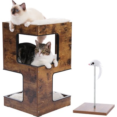 PAWZ Road PAWZ Road Multi-Level 24-in Modern Cat Tree Condo with Scratcher, Soft Cushion, Scratching Mat & Ball Toys, Brown