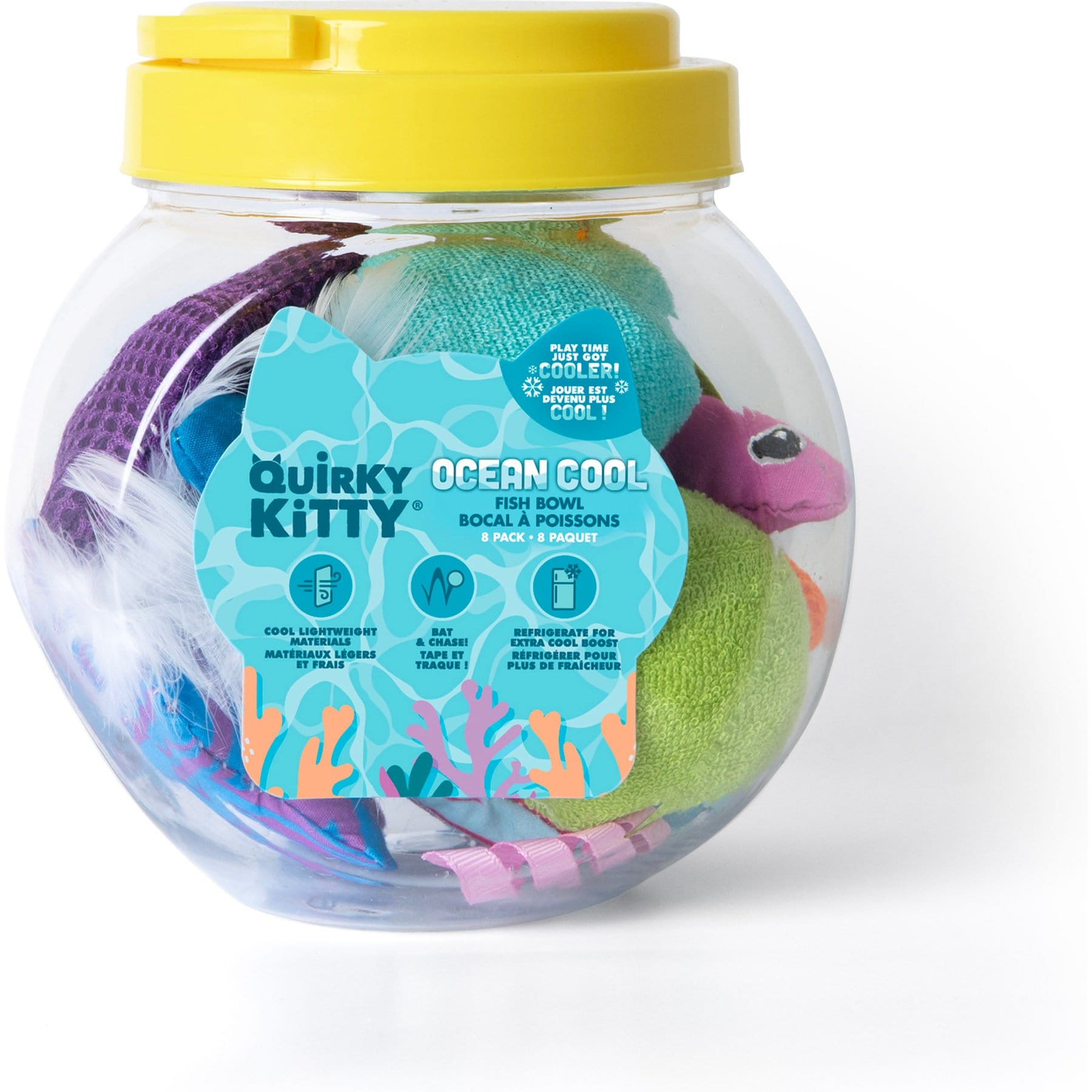Quirky Kitty Cooling Ocean Fish Bowl Cat Plush Toy with Catnip, Multicolor, 8 count