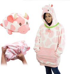 Plushible Strawberry Cow Blanket Hoodie, Pink/White