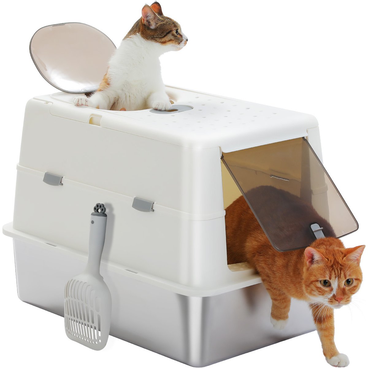 PAWZ Road Stainless Steel Cat Litter Box X-Large Enclosed Litter Box with Non-Sticky Metal Pan, White
