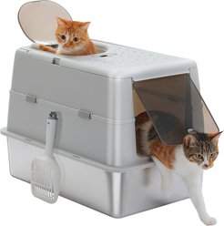 PAWZ Road Stainless Steel Cat Litter Box X-Large Enclosed Litter Box with Non-Sticky Metal Pan, Grey
