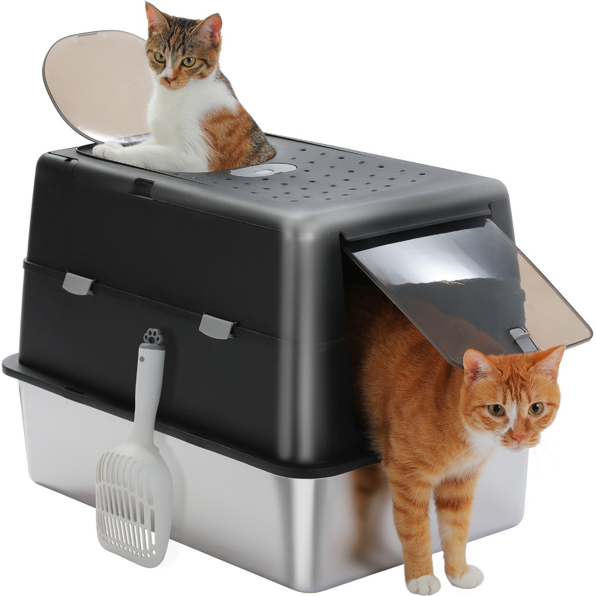 PAWZ Road Stainless Steel Cat Litter Box X-Large Enclosed Litter Box with Non-Sticky Metal Pan, Black