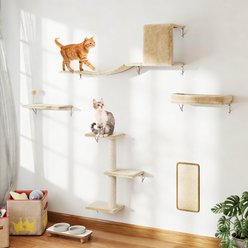 Coziwow 5-Piece Wall Mounted Wood Cat Wall Shelves with Tree & Scratching Post, Beige