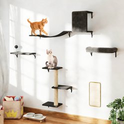 Coziwow 5-Piece Wall Mounted Wood Cat Wall Shelves with Tree & Scratching Post, Grey slide 1 of 9