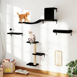Coziwow 5-Piece Wall Mounted Wood Cat Wall Shelves with Tree & Scratching Post, Black slide 1 of 9