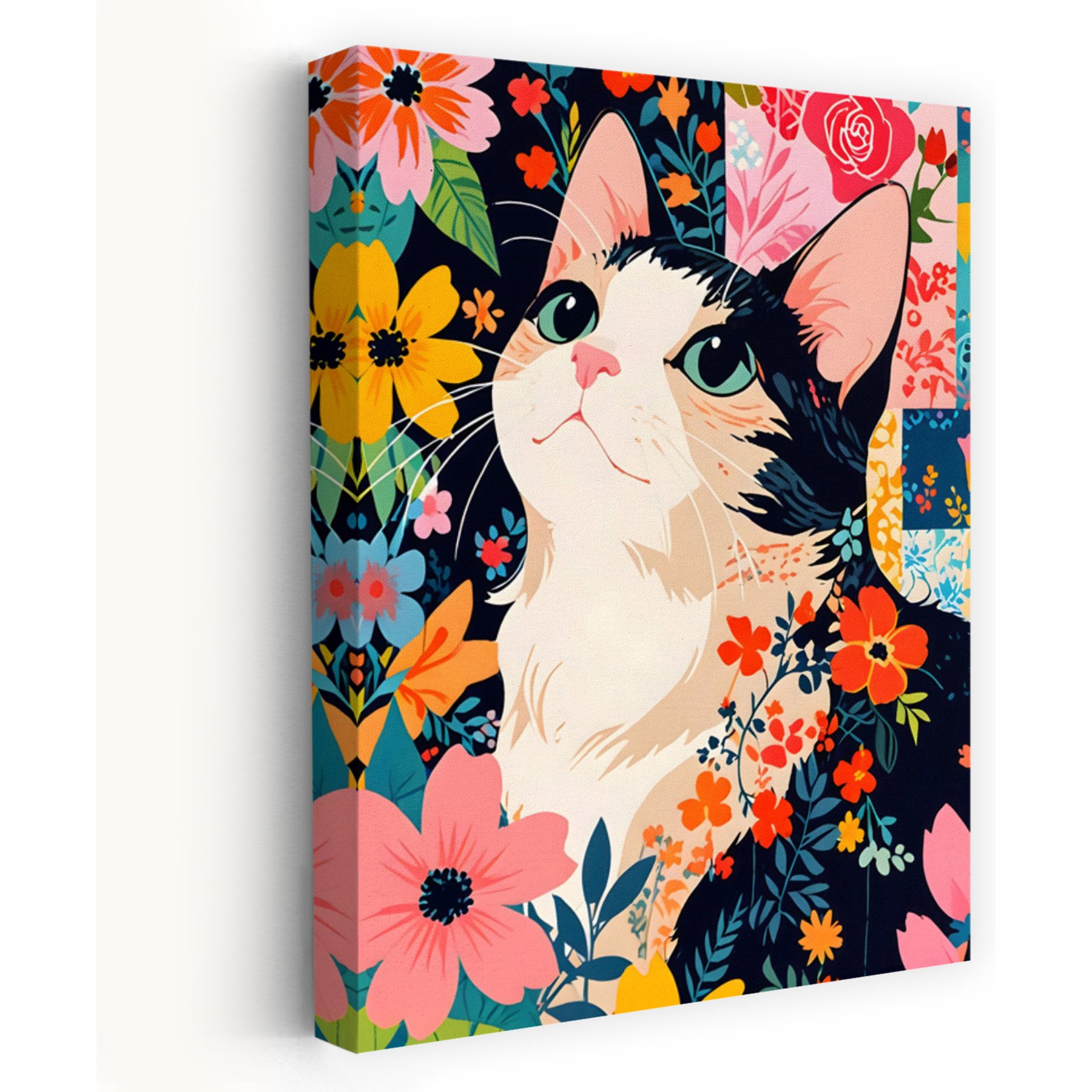 Trend Board Life Floral Patchwork Cat Canvas Wall Art Pet Gift Decor, Multicolor, 18 x 12-in
