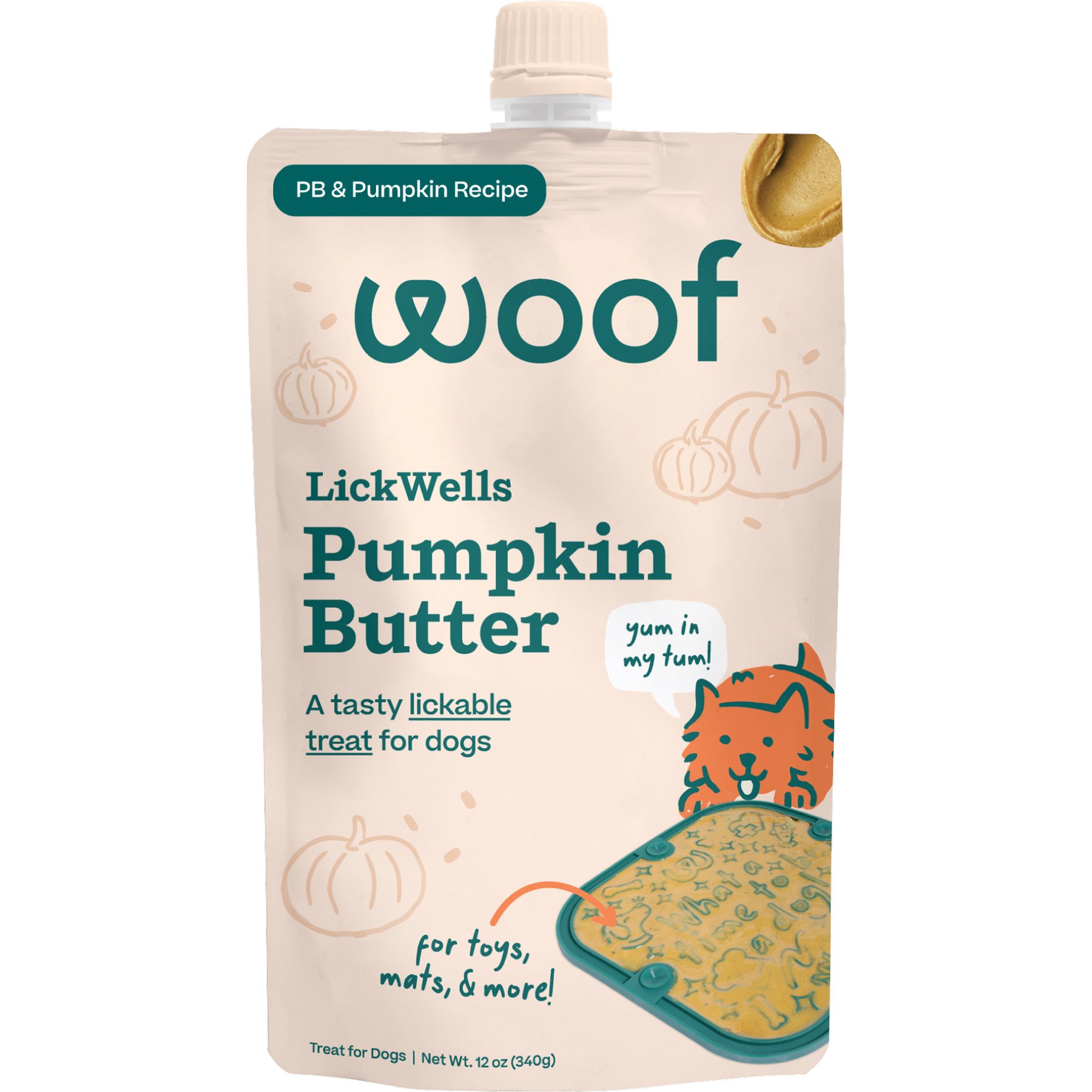 Woof LickWells Pumpkin Peanut Butter Spread Lickable Dog, 12-oz bag