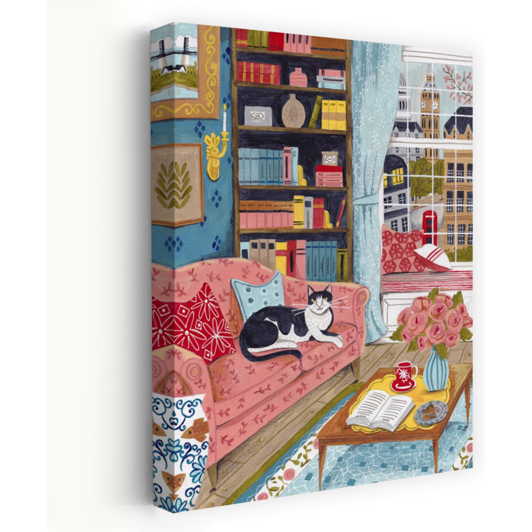 Trend Board Life Cat on Sofa in London Pastel Colours Canvas Wall Art Pet Gift Decor, Multicolor, 18 x 12-in