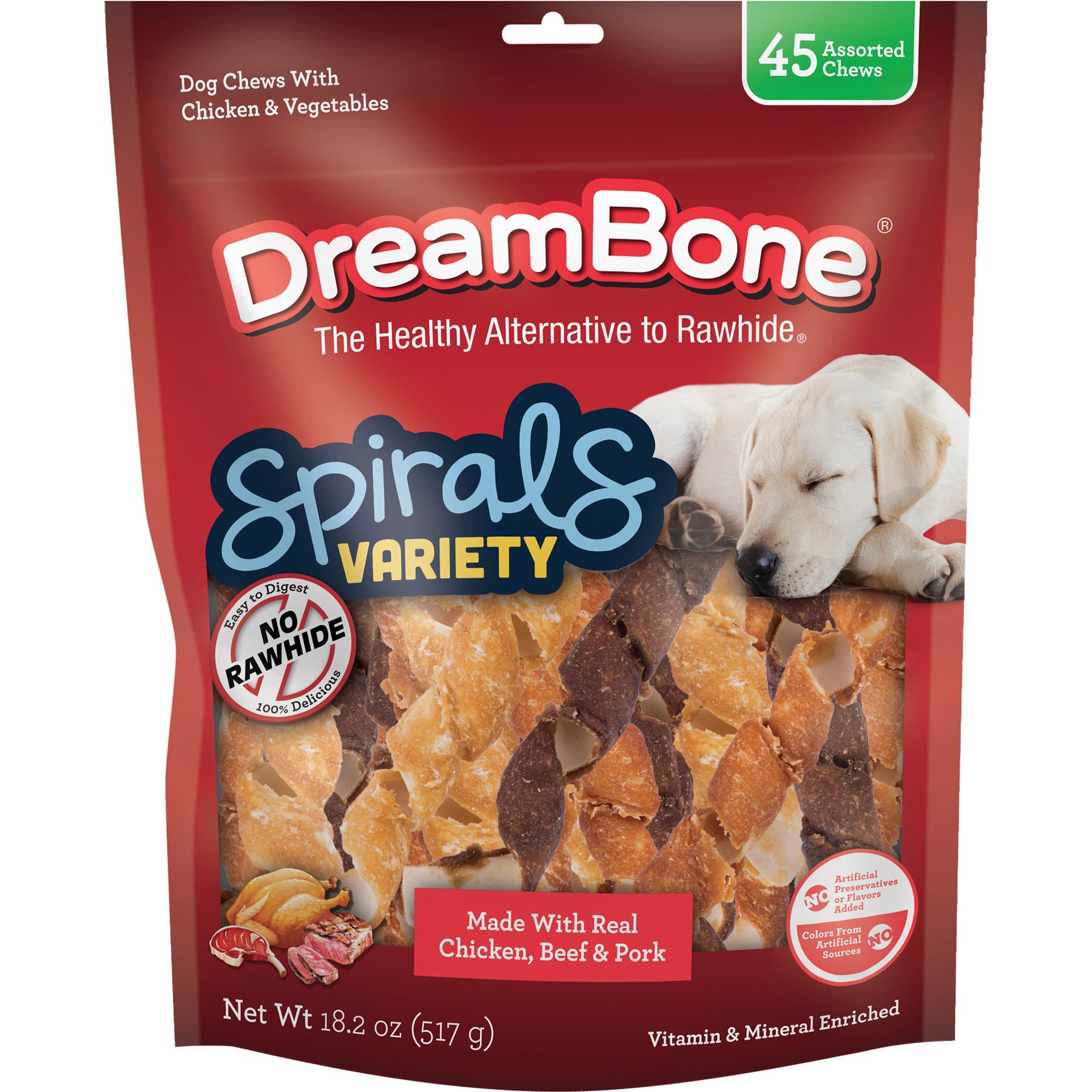 DreamBone Spirals Variety Pack Real Chicken, Beef & Pork Rawhide Free Dog Chews, 45 count