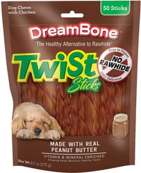 DreamBone Real Peanut Butter & Chicken Twist Sticks Rawhide-Free Hard Chews for Dogs, 9.7-oz bag, 50 count
