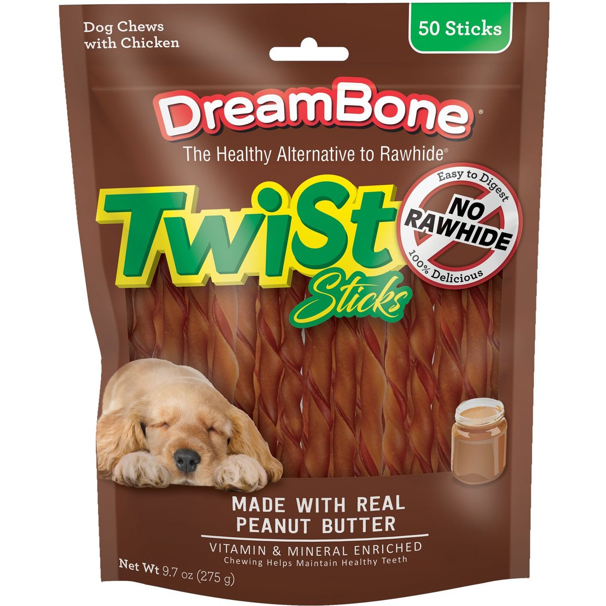 DreamBone Real Peanut Butter & Chicken Twist Sticks Rawhide-Free Hard Chews for Dogs, 9.7-oz bag, 50 count