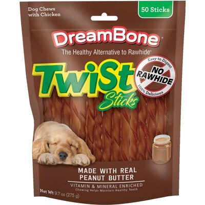 DreamBone DreamBone Real Peanut Butter & Chicken Twist Sticks Rawhide-Free Hard Chews for Dogs, 9.7-oz bag, 50 count