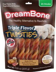 DreamBone Triple Flavor Real Chicken, Beef & Peanut Butter Twisties Rawhide-Free Hard Chews for Dogs, 7.05-oz bag, 25 count