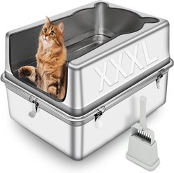 Bartuke Semi Enclosed High Sided Removable Metal Stainless Steel Cat Litter Box with Scoop, XXX-Large: 27.5 x 19.7 x 12-in, Silver Grey