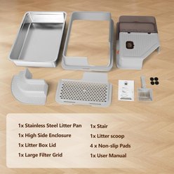 Bartuke Fully Enclosed High Sided Stainless Steel Cat Litter Box with Filtered Grid, Step & Scoop, XXX-Large: 28 x 20 x 18-in, Light Grey slide 2 of 9