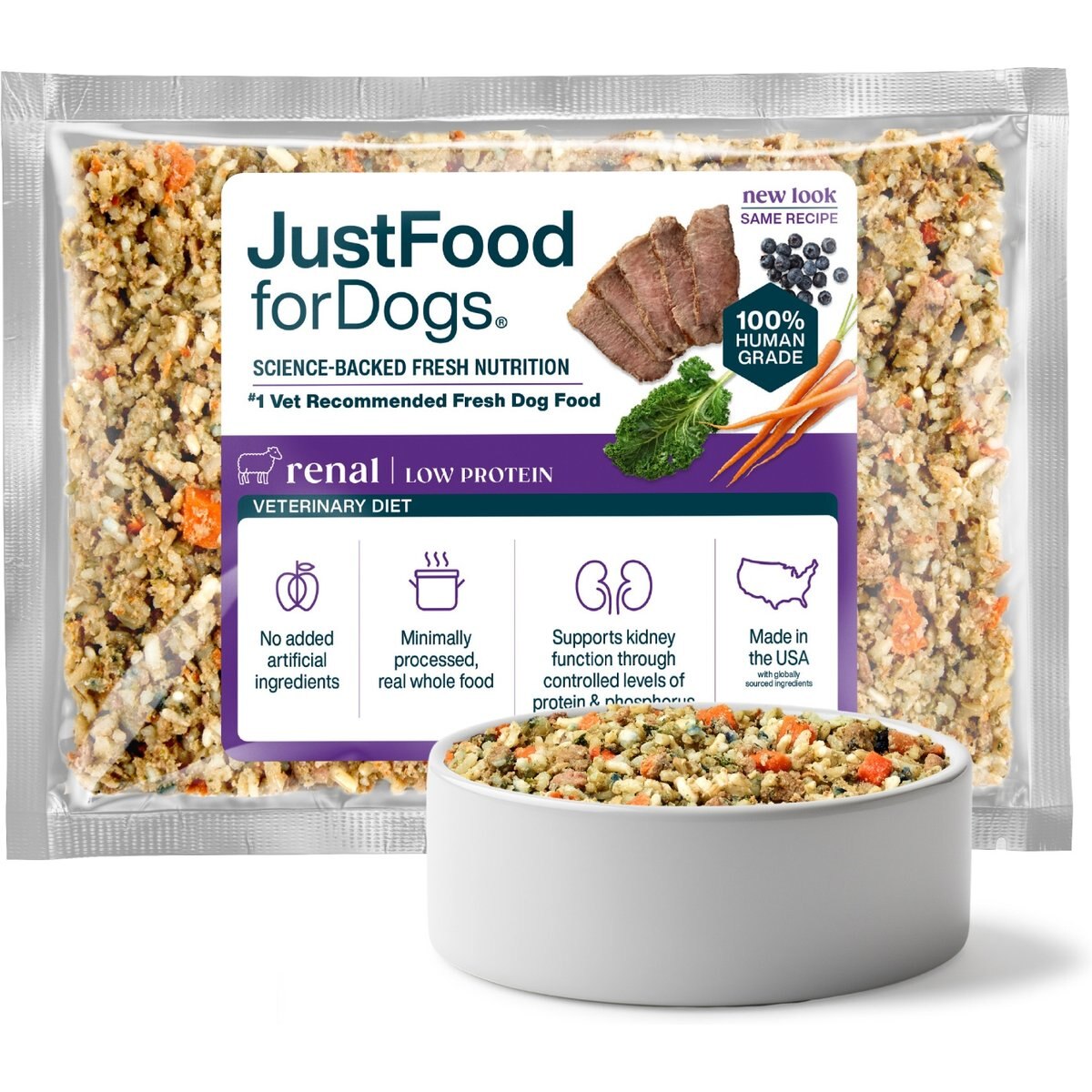 JustFoodForDogs Veterinary Diet Renal Support Low Protein Frozen Human-Grade Fresh Dog Food, 18-oz pouch