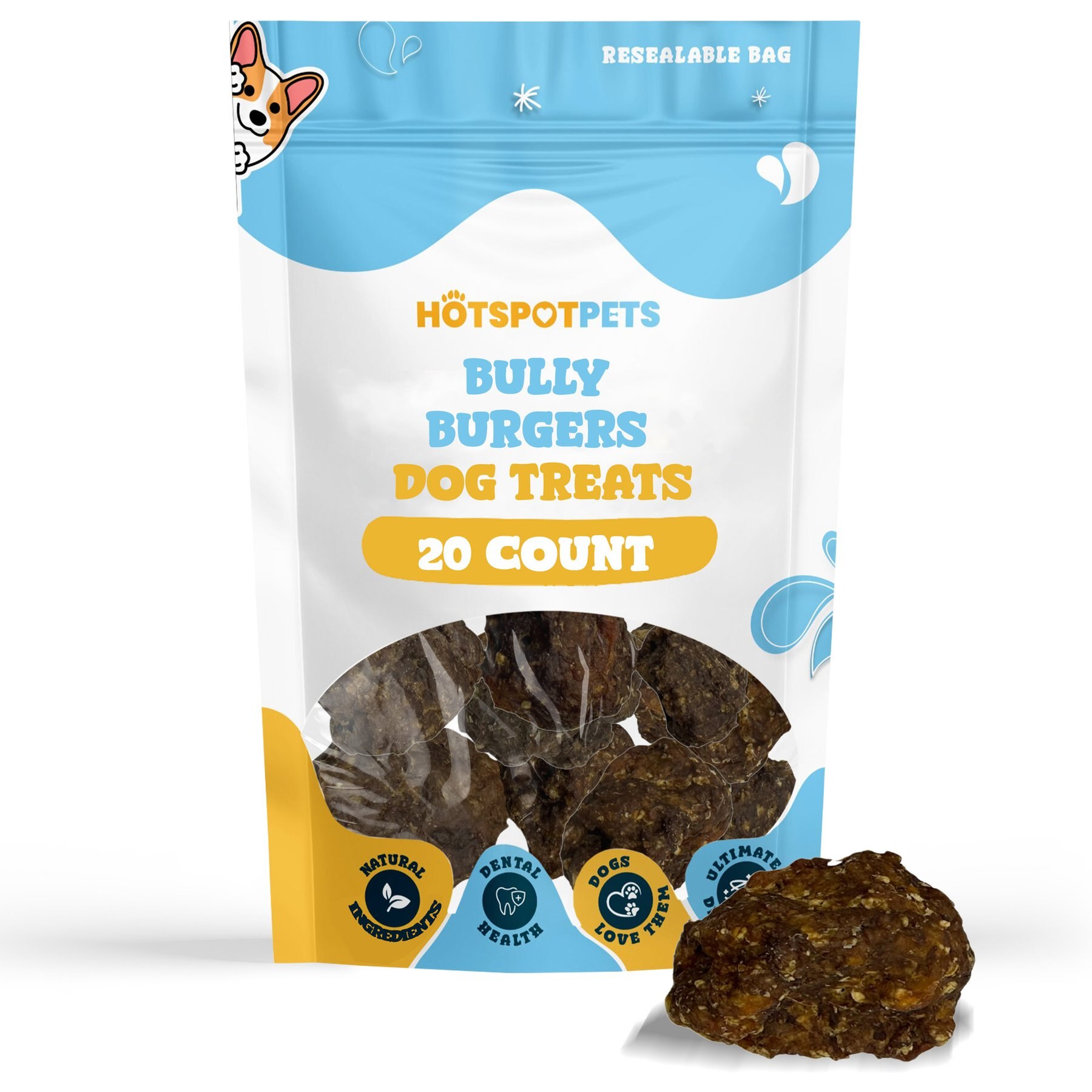 HOTSPOT PETS Bully Burgers High-Protein Soft & Chewy Dog Chew Treats, 20 count