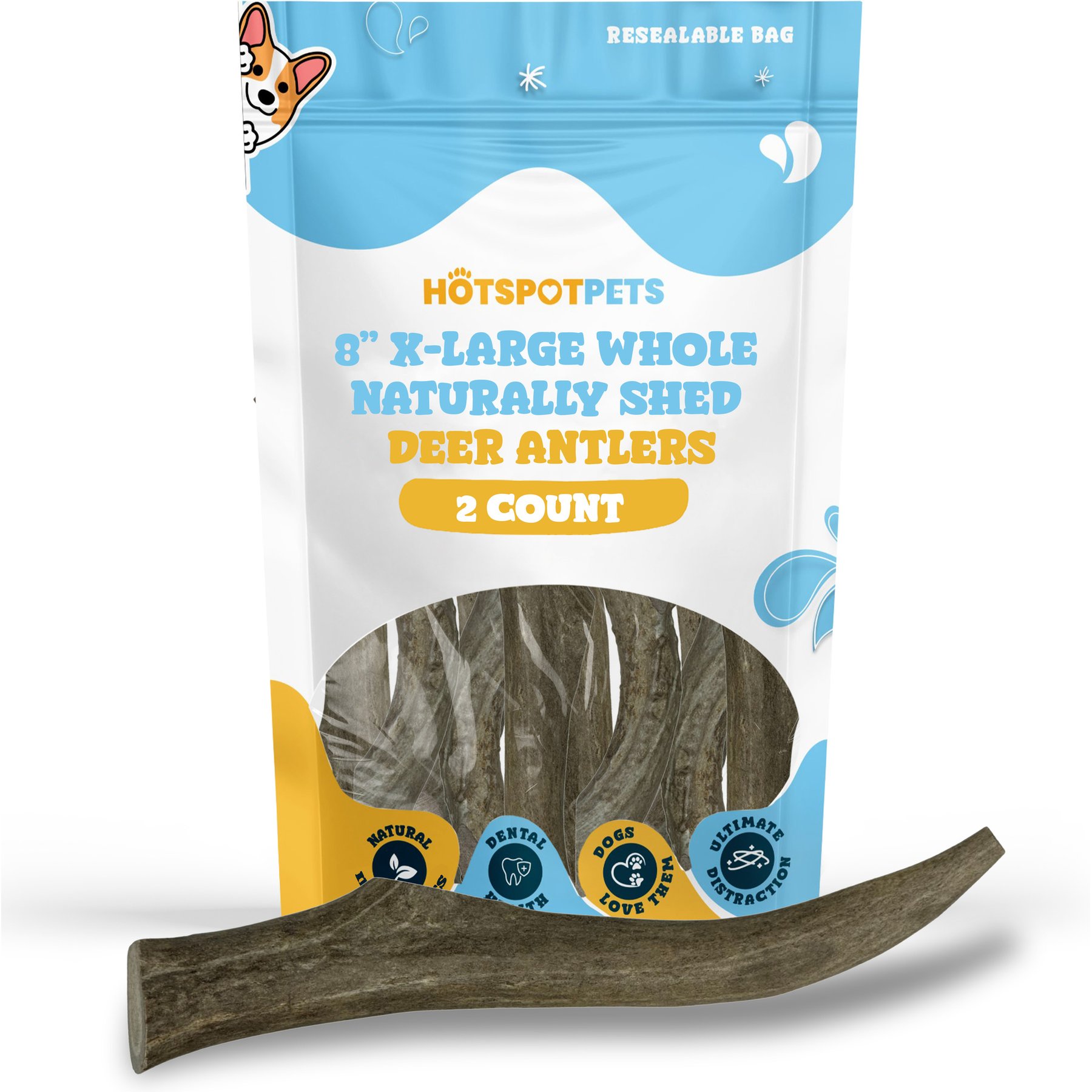 HOTSPOT PETS X-Large Whole Naturally Shed 8-in Deer Antler Dog Treats, 2 count