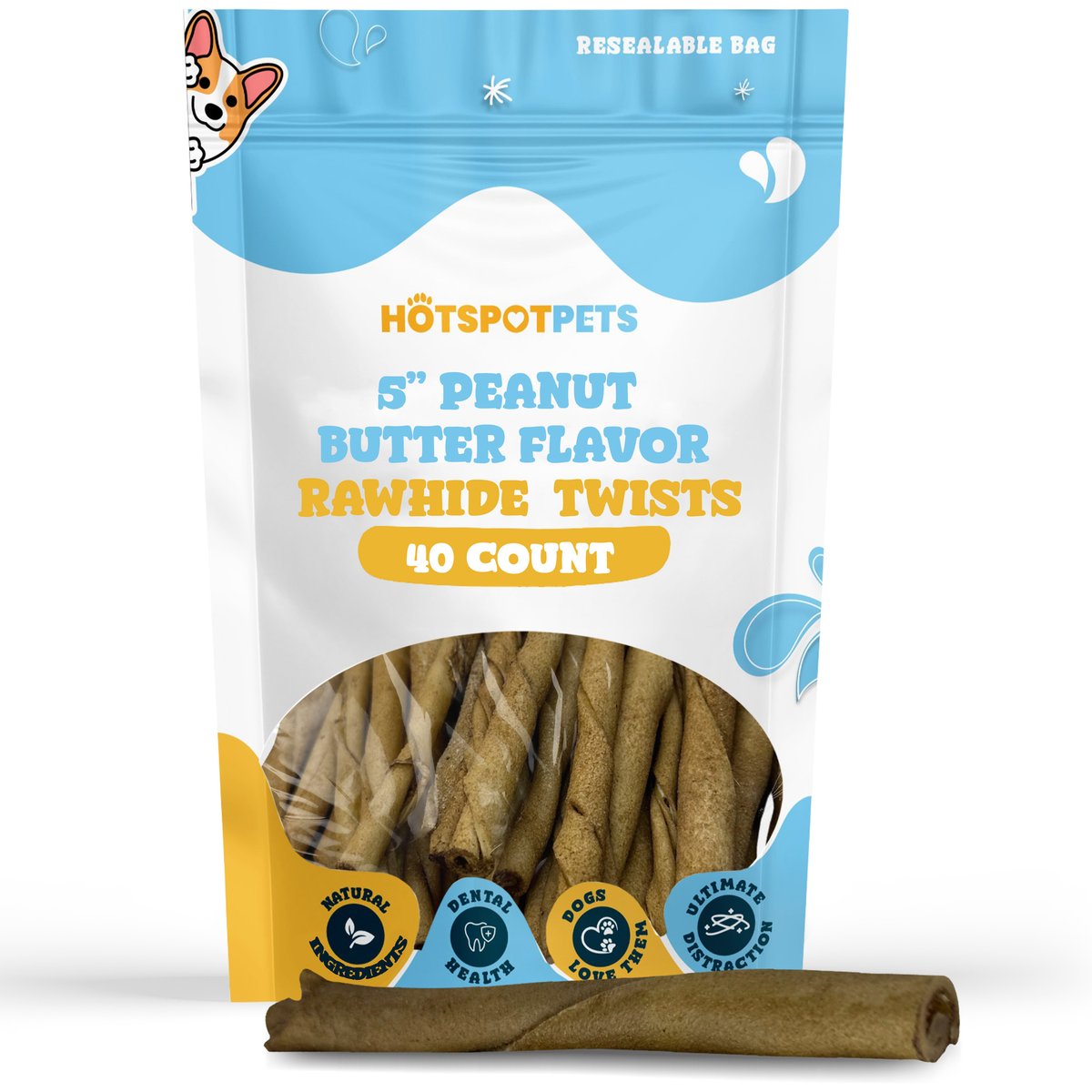 HOTSPOT PETS 5-in Peanut Butter Flavor Rawhide Twists Dog Chew Treats, 40 count