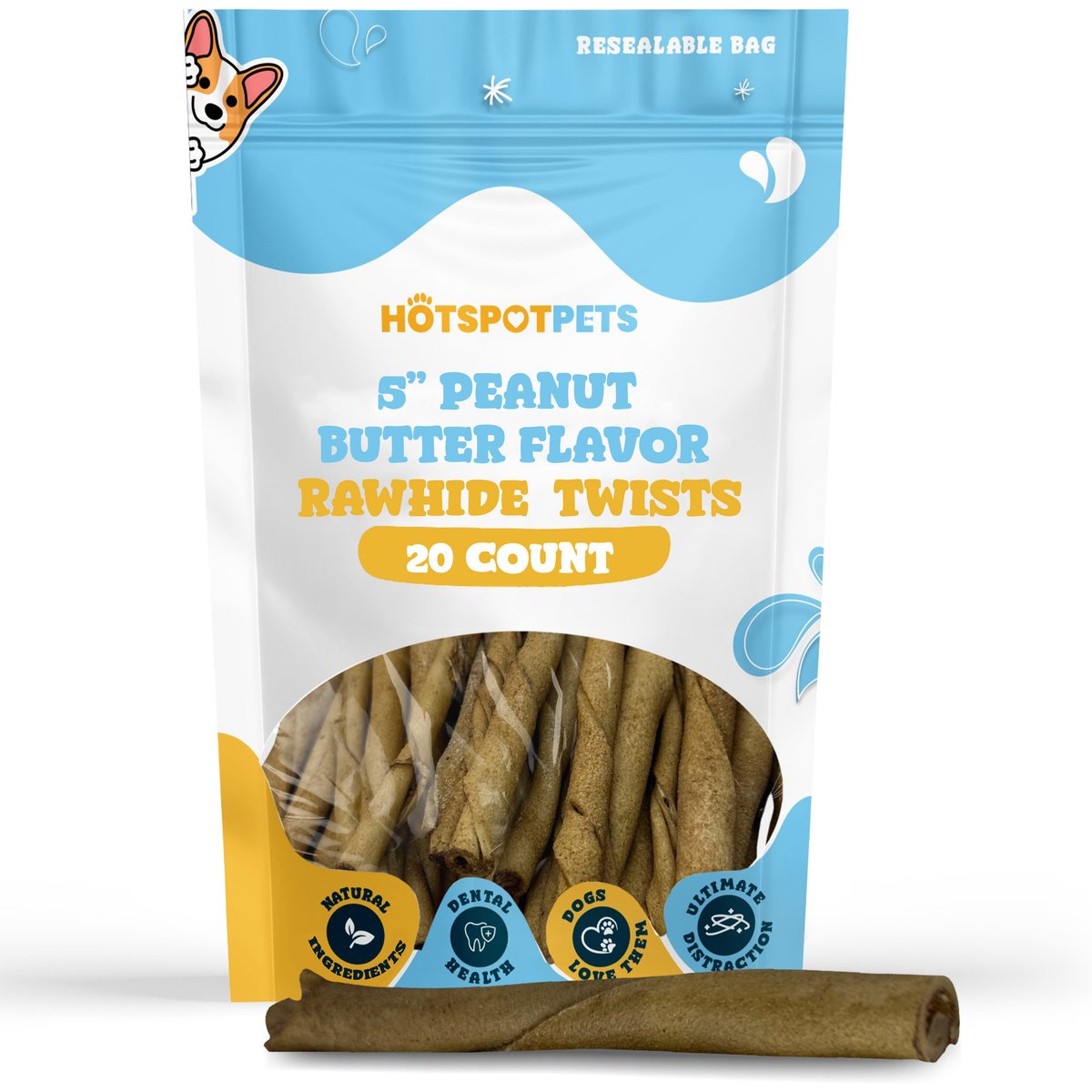 HOTSPOT PETS 5-in Peanut Butter Flavor Rawhide Twists Dog Chew Treats, 20 count