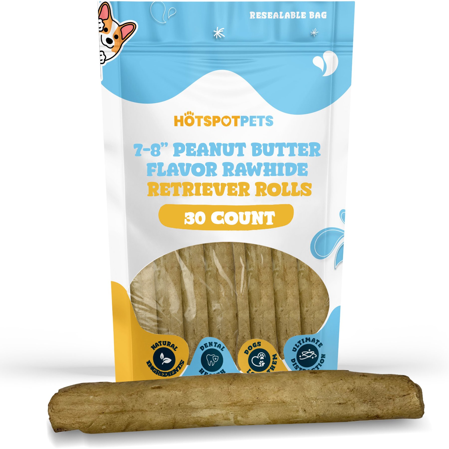 HOTSPOT PETS 7 to 8-in Peanut Butter Flavor Rawhide Retriever Rolls Dog Chew Treats, 30 count