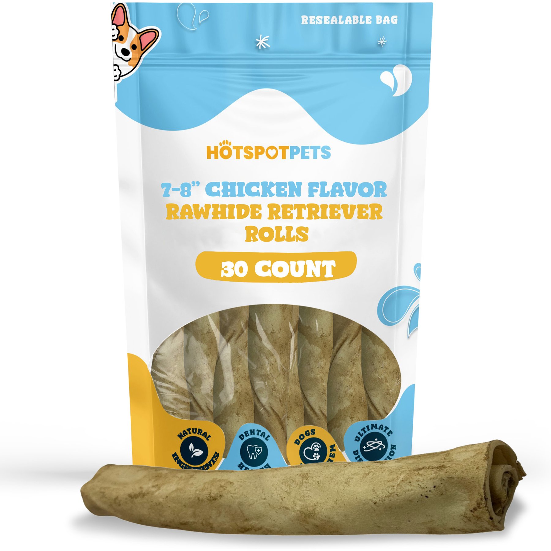 HOTSPOT PETS 7 to 8-in Chicken Flavor Rawhide Retriever Rolls Dog Chew Treats, 30 count