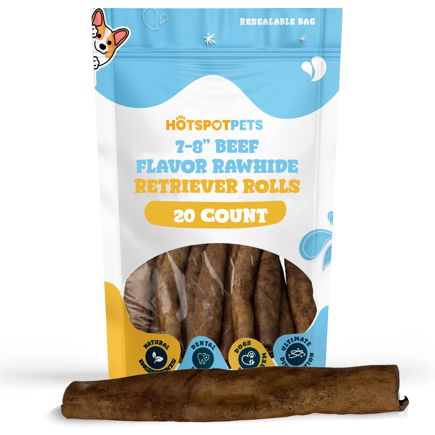 HOTSPOT PETS 7 to 8-in Beef Flavor Rawhide Retriever Rolls Dog Chew Treats, 20 count