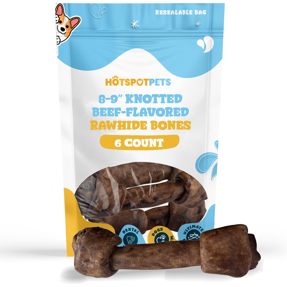 HOTSPOT PETS Knotted 8 to 9-in Beef Flavor Rawhide Bone Dog Treats, 6 count