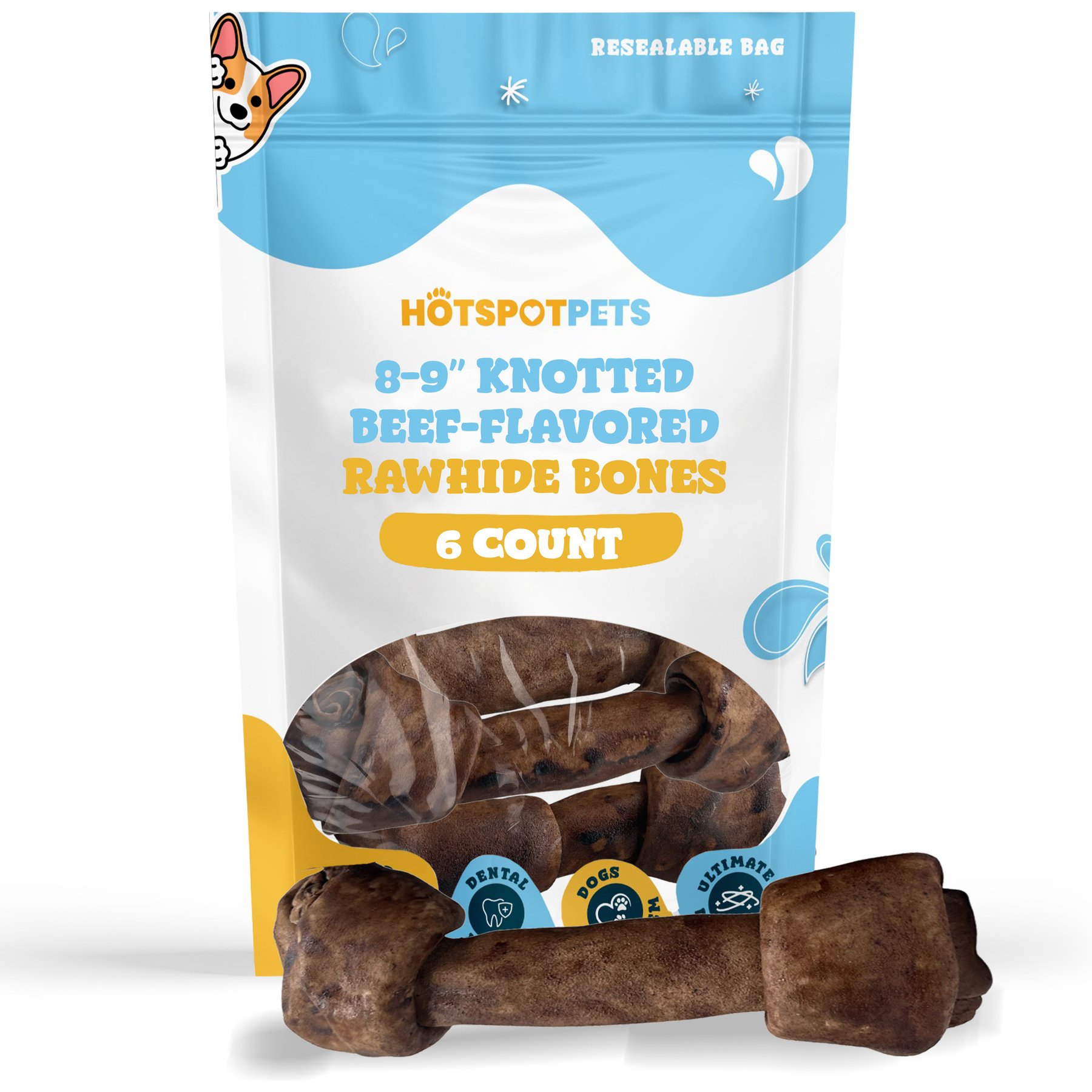 HOTSPOT PETS Knotted 8 to 9-in Beef Flavor Rawhide Bone Dog Treats, 6 count
