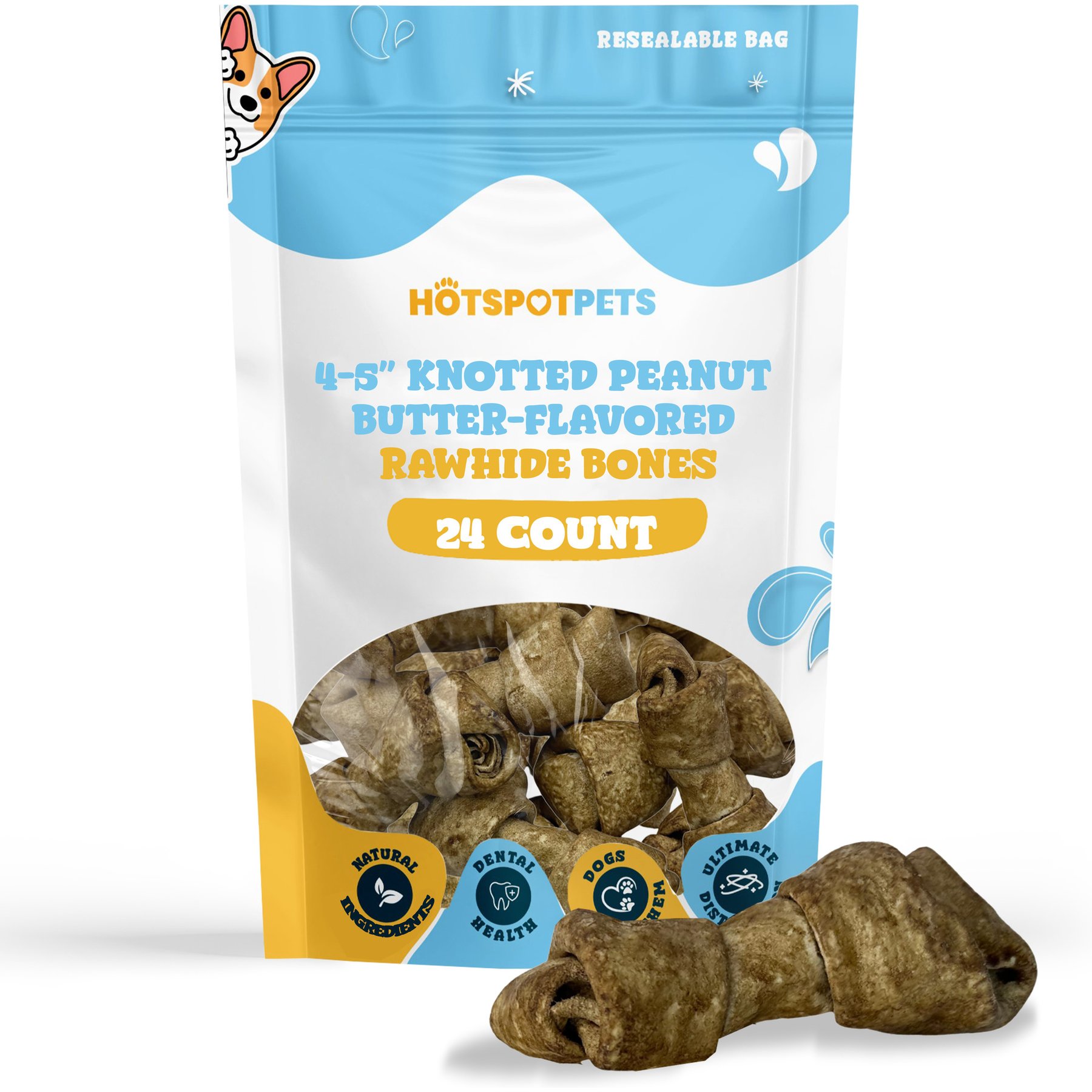 HOTSPOT PETS Knotted 4 to 5-in Peanut Butter Flavor Rawhide Bone Dog Treats, 24 count