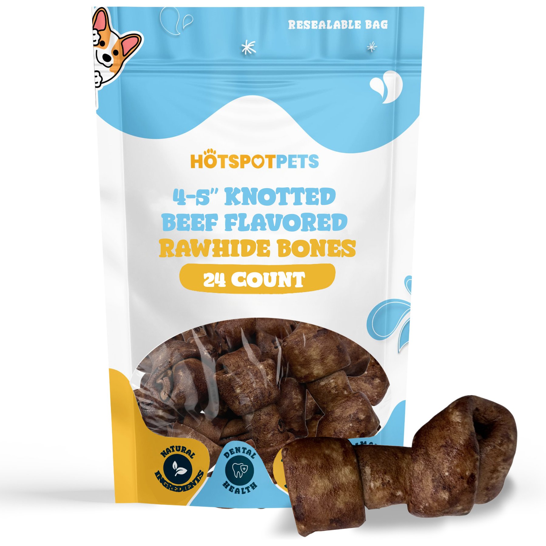 HOTSPOT PETS Knotted 4 to 5-in Beef Flavor Rawhide Bone Dog Treats, 24 count