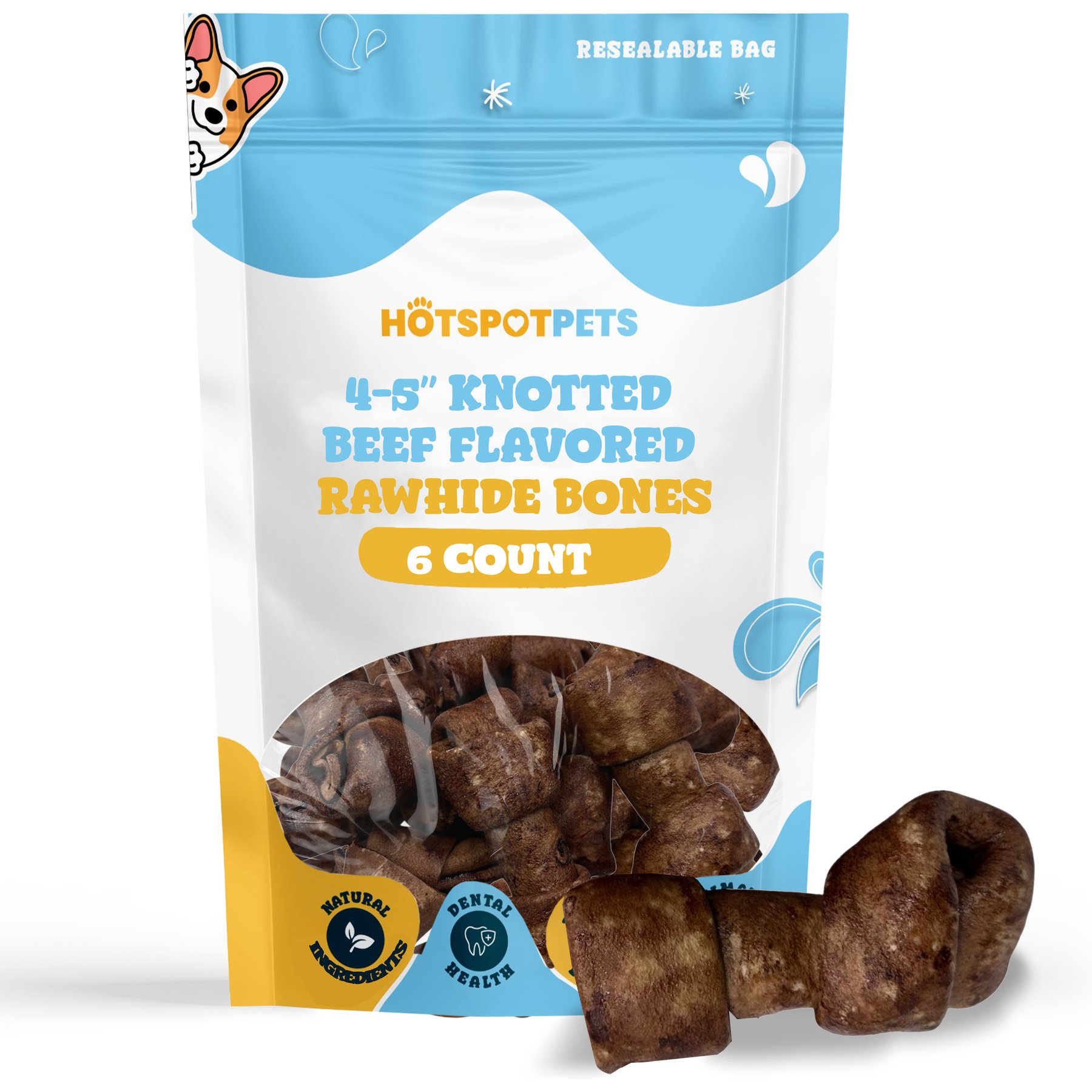 HOTSPOT PETS Knotted 4 to 5-in Beef Flavor Rawhide Bone Dog Treats, 6 count