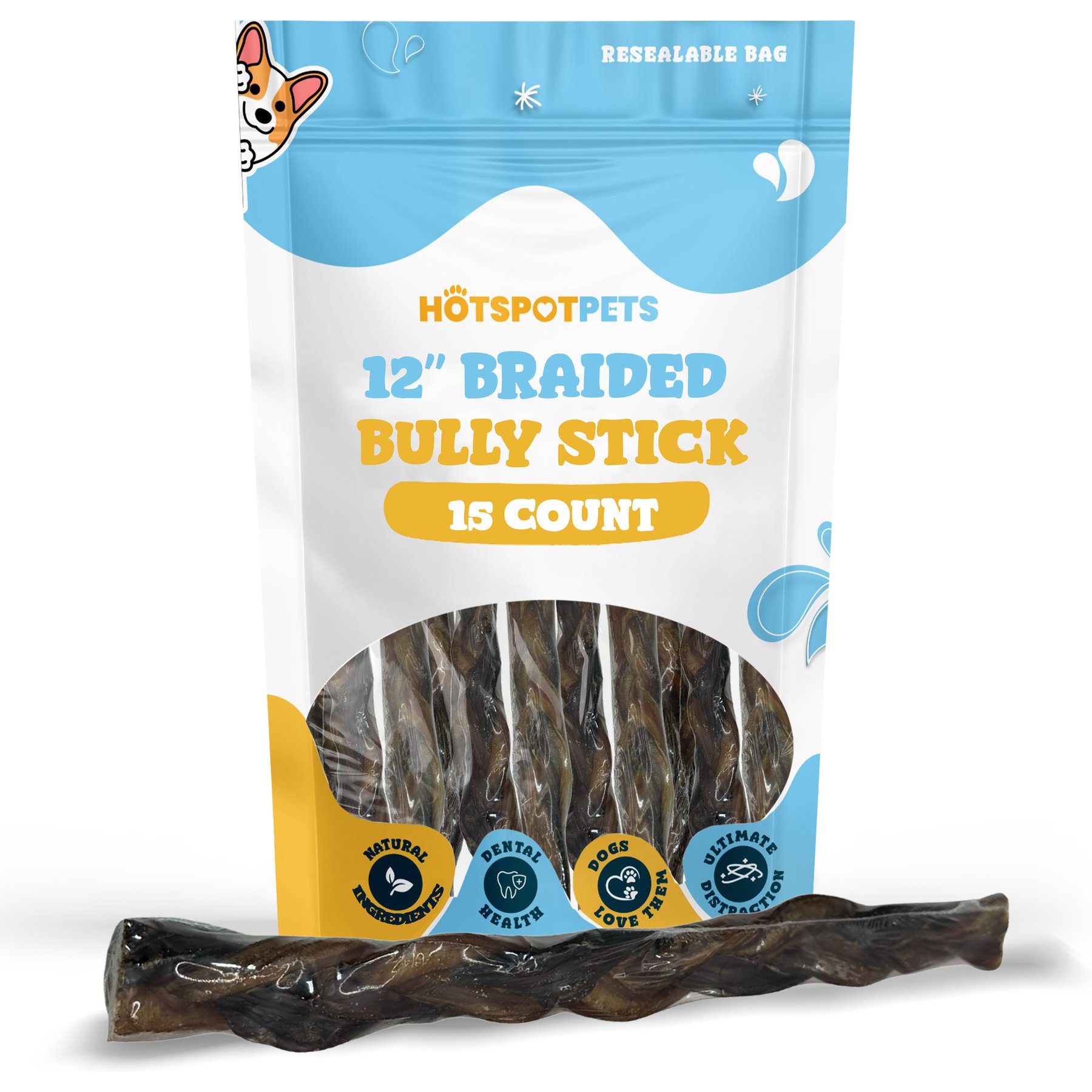 HOTSPOT PETS 12-in Premium Individually Wrapped Braided Bully Sticks Dog Treats, 15 count