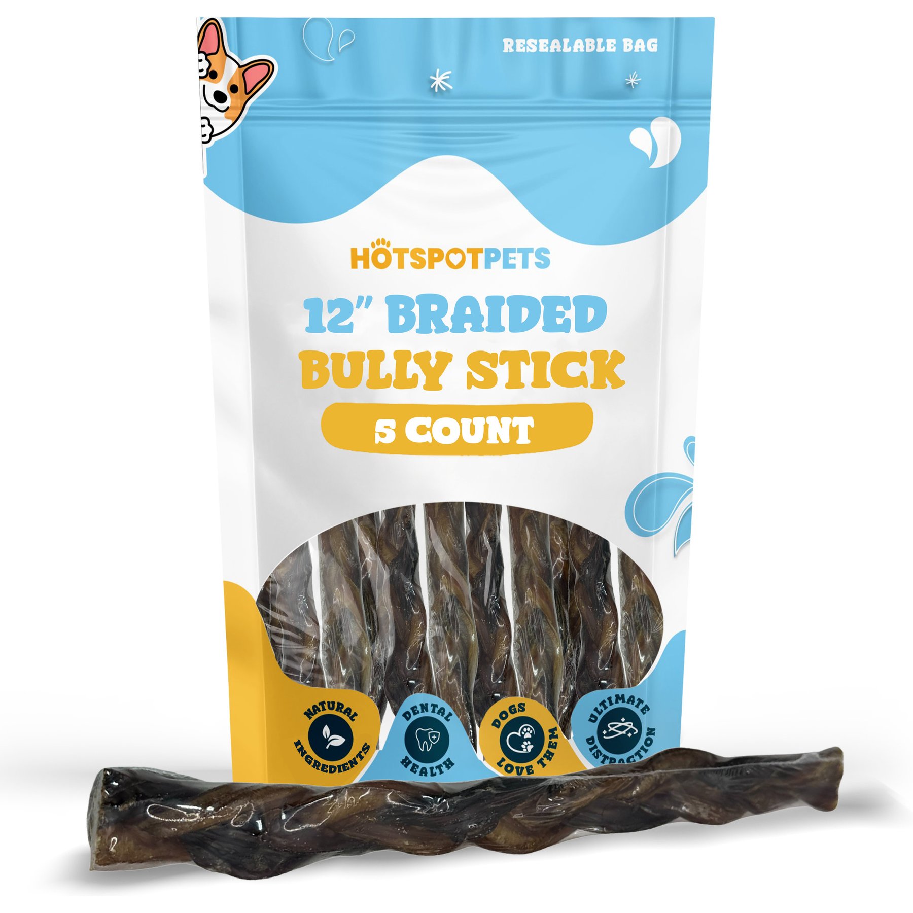 HOTSPOT PETS 12-in Premium Individually Wrapped Braided Bully Sticks Dog Treats, 5 count