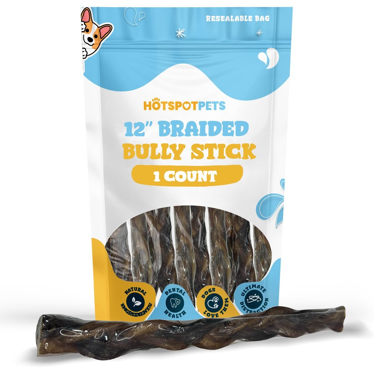 HOTSPOT PETS 12-in Premium Individually Wrapped Braided Bully Sticks Dog Treats, 1 count