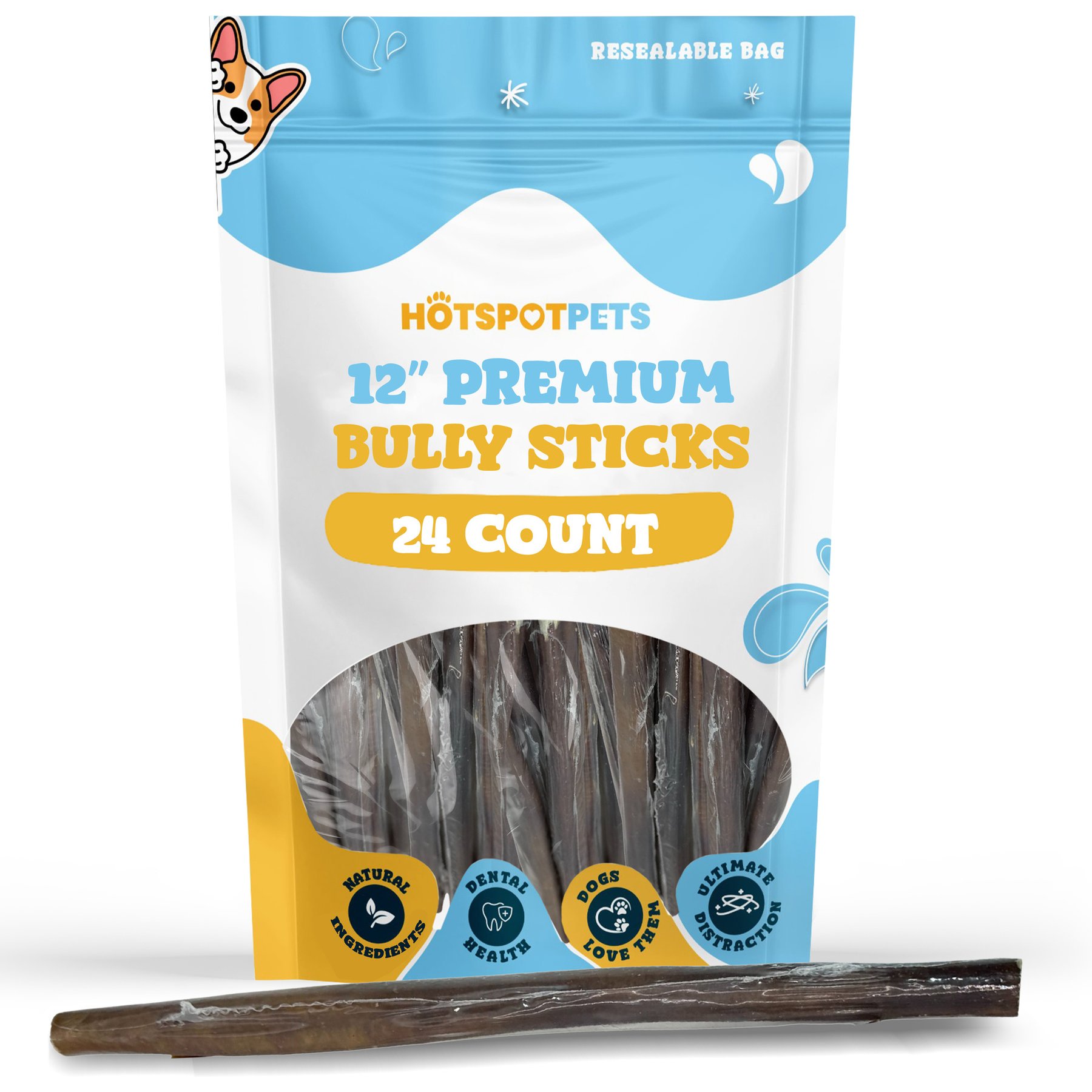 HOTSPOT PETS 12-in Premium Individually Wrapped Bully Sticks Dog Treats, 24 count