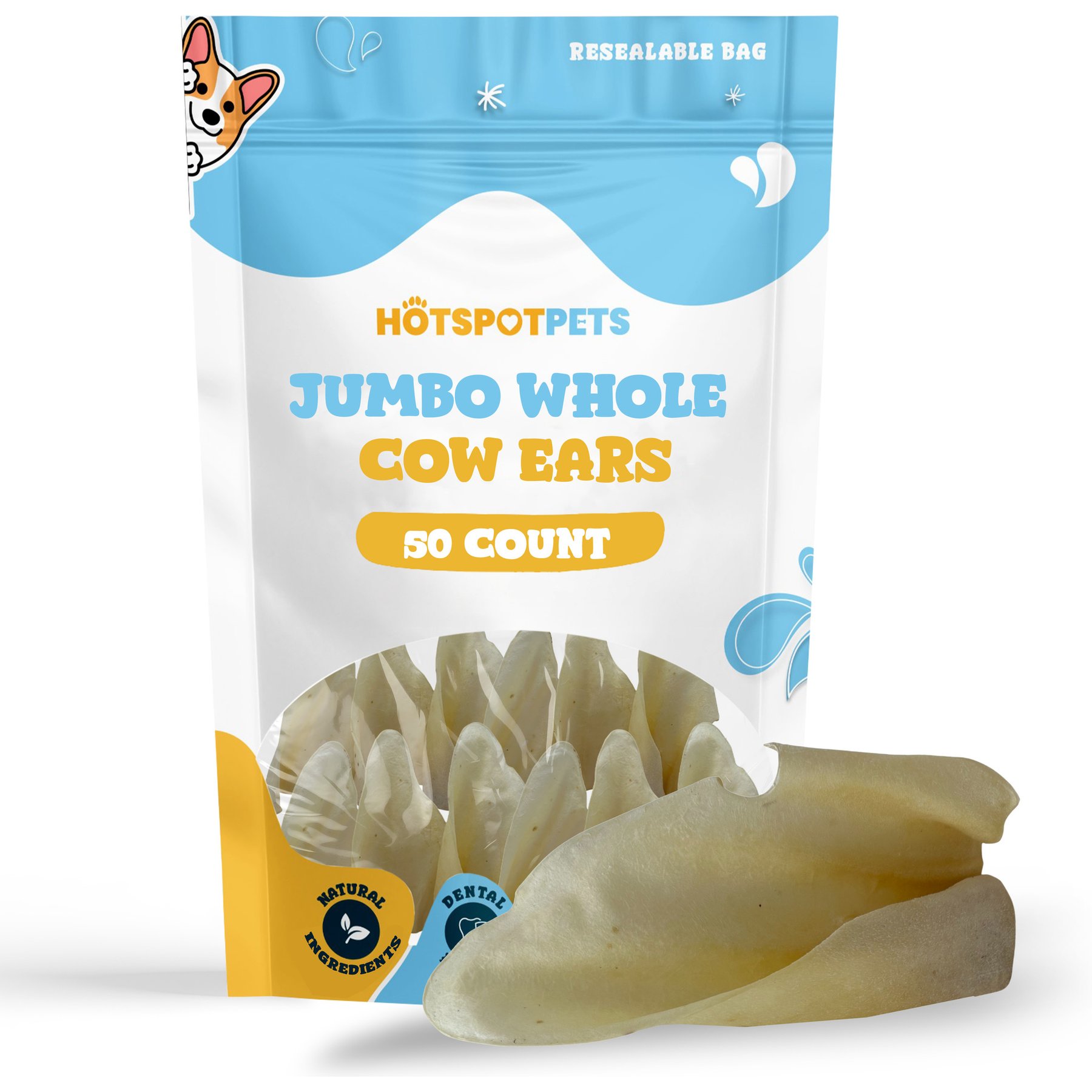 HOTSPOT PETS Jumbo Whole Natural Brazilian Cow Ears High-Protein Dog Natural Chew Treats, 50 count