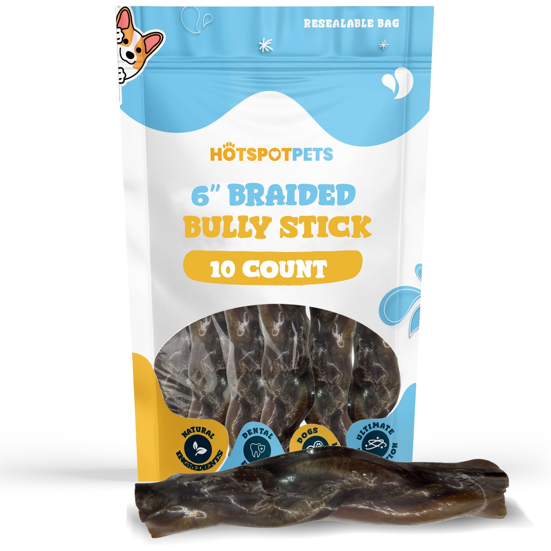 HOTSPOT PETS 6-in Premium Individually Wrapped Braided Bully Sticks Dog Treats, 10 count