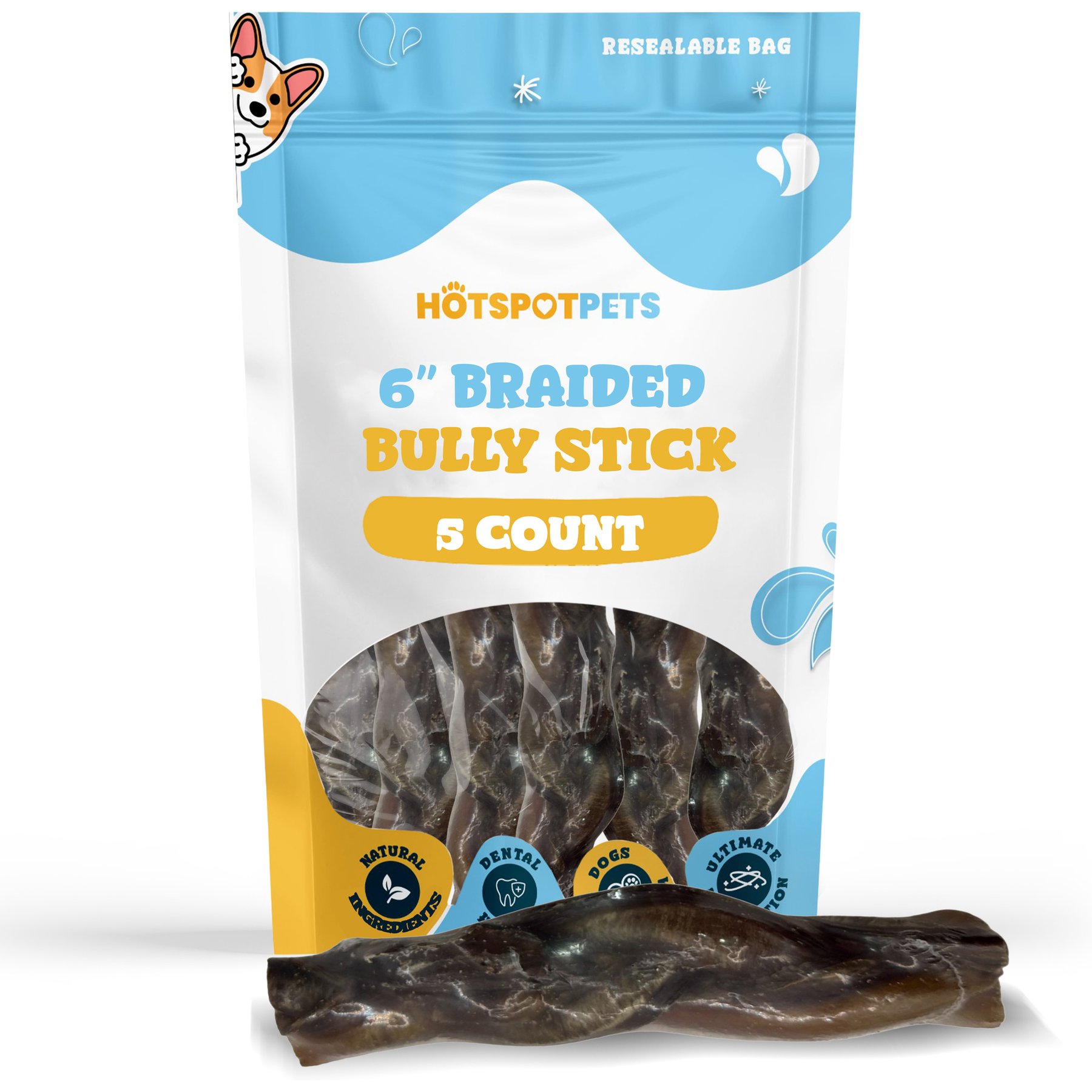 HOTSPOT PETS 6-in Premium Individually Wrapped Braided Bully Sticks Dog Treats, 5 count