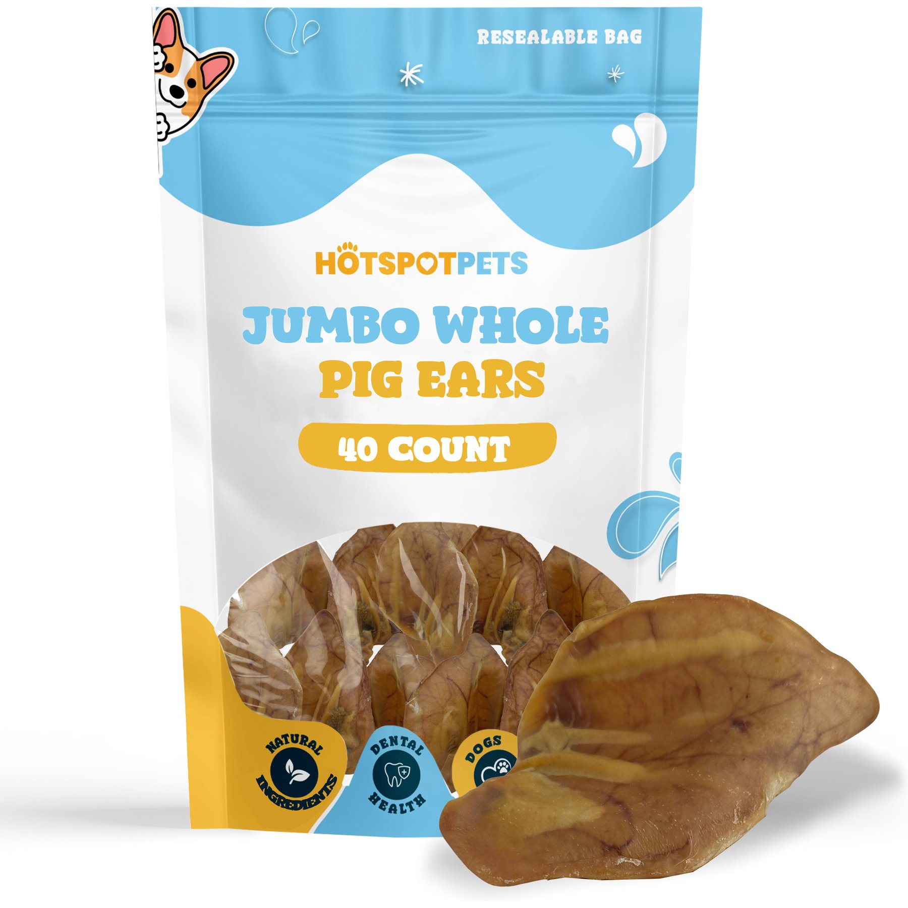 HOTSPOT PETS Jumbo Whole Natural Brazilian Pig Ears High-Protein Dog Natural Chew Treats, 40 count