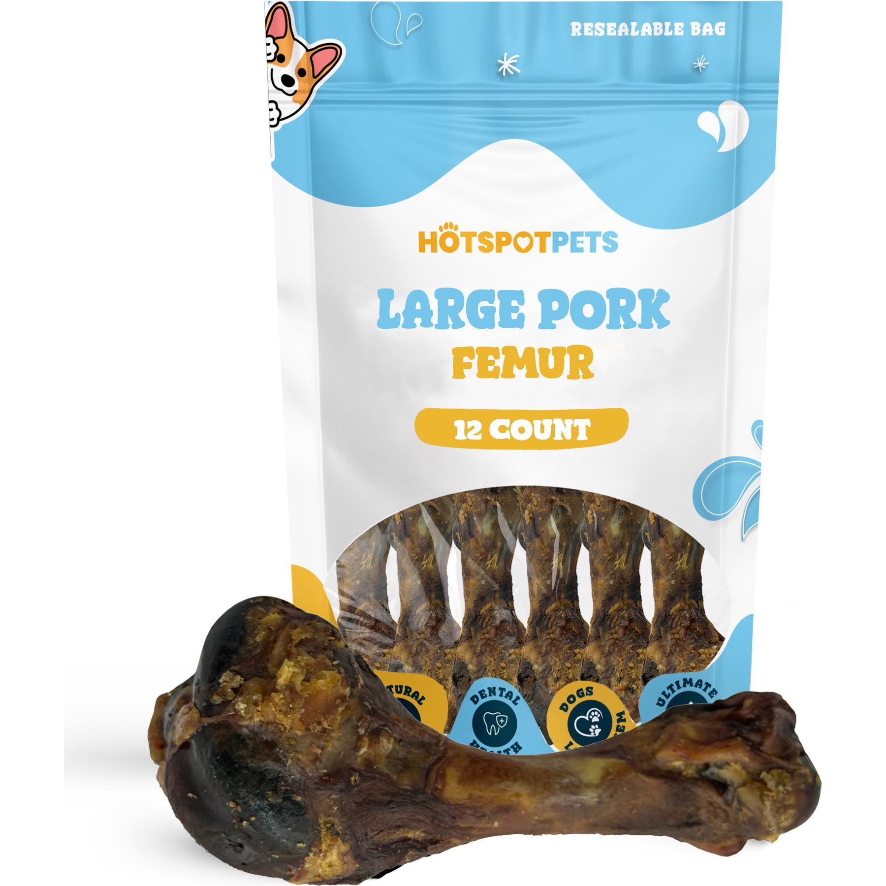 HOTSPOT PETS 6 to 8-in Pork Femur Dog Chew Treats, Large, 12 count