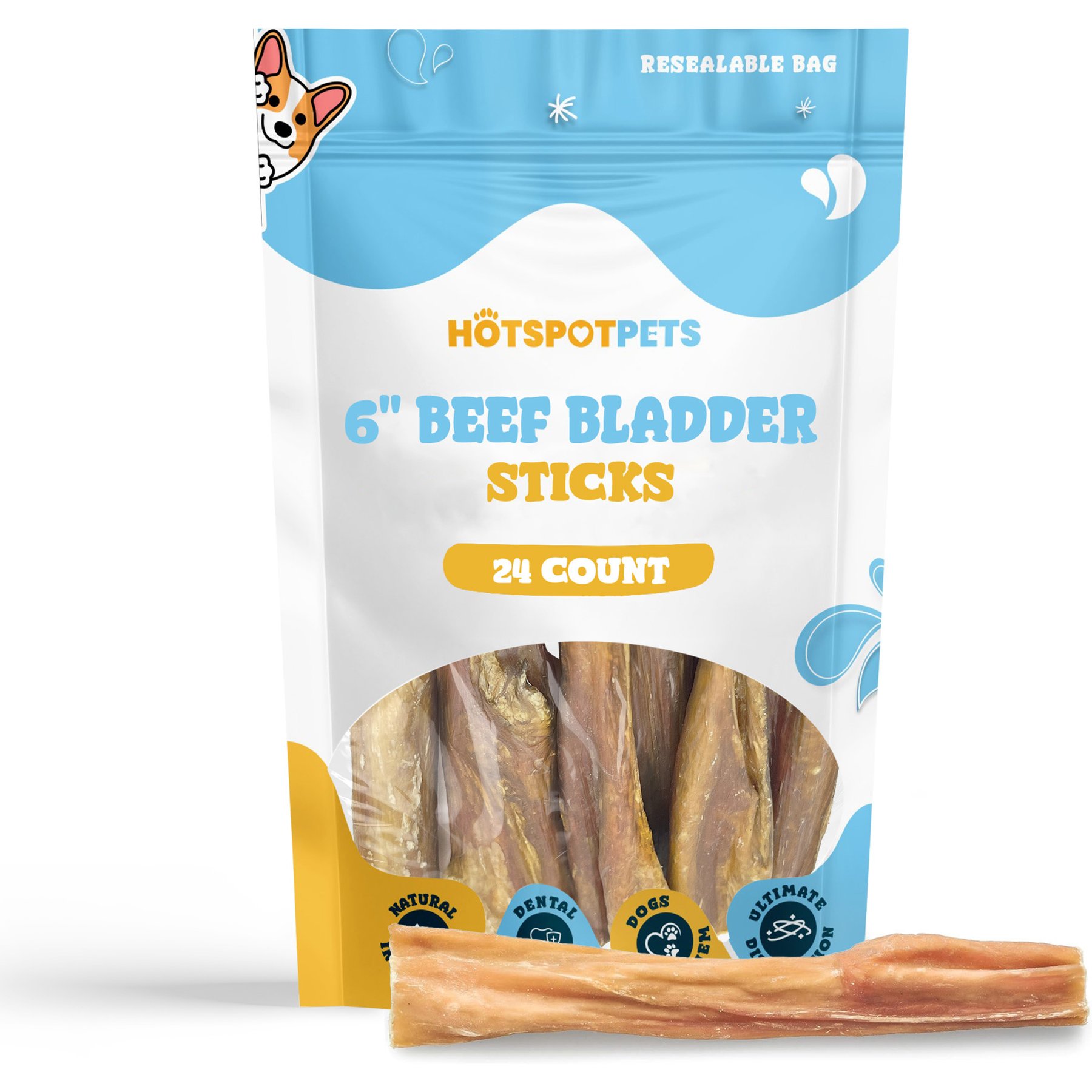 HOTSPOT PETS 6-in Beef Bladder Stick Dog Treats, 24 count